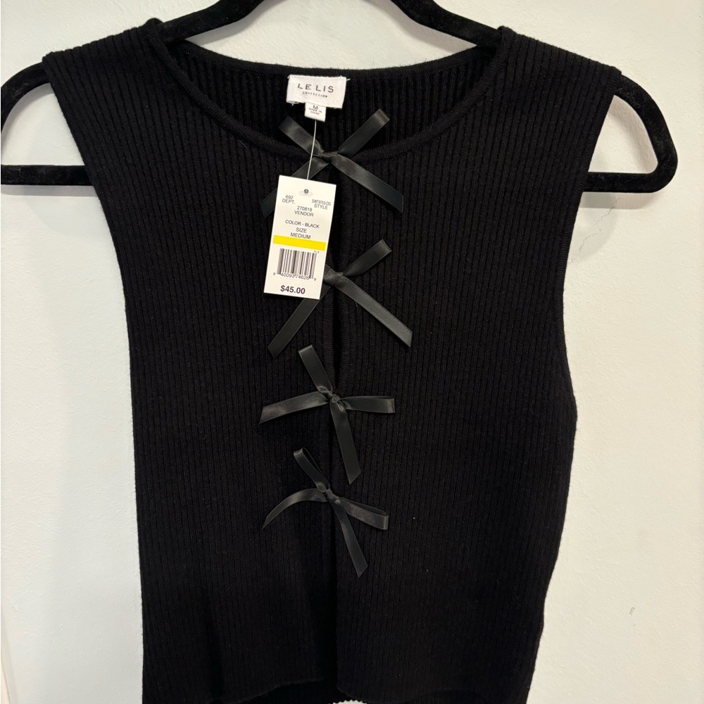 Lelis Black Ribbed Top with Satin Bows